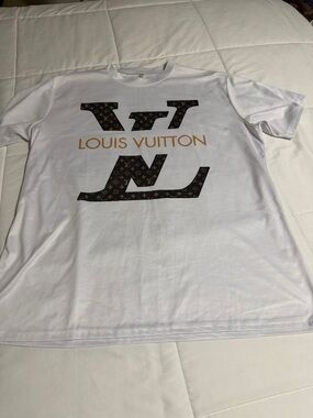 Louis Vuitton White Tee with Brown Monogram LV and Gold Logo